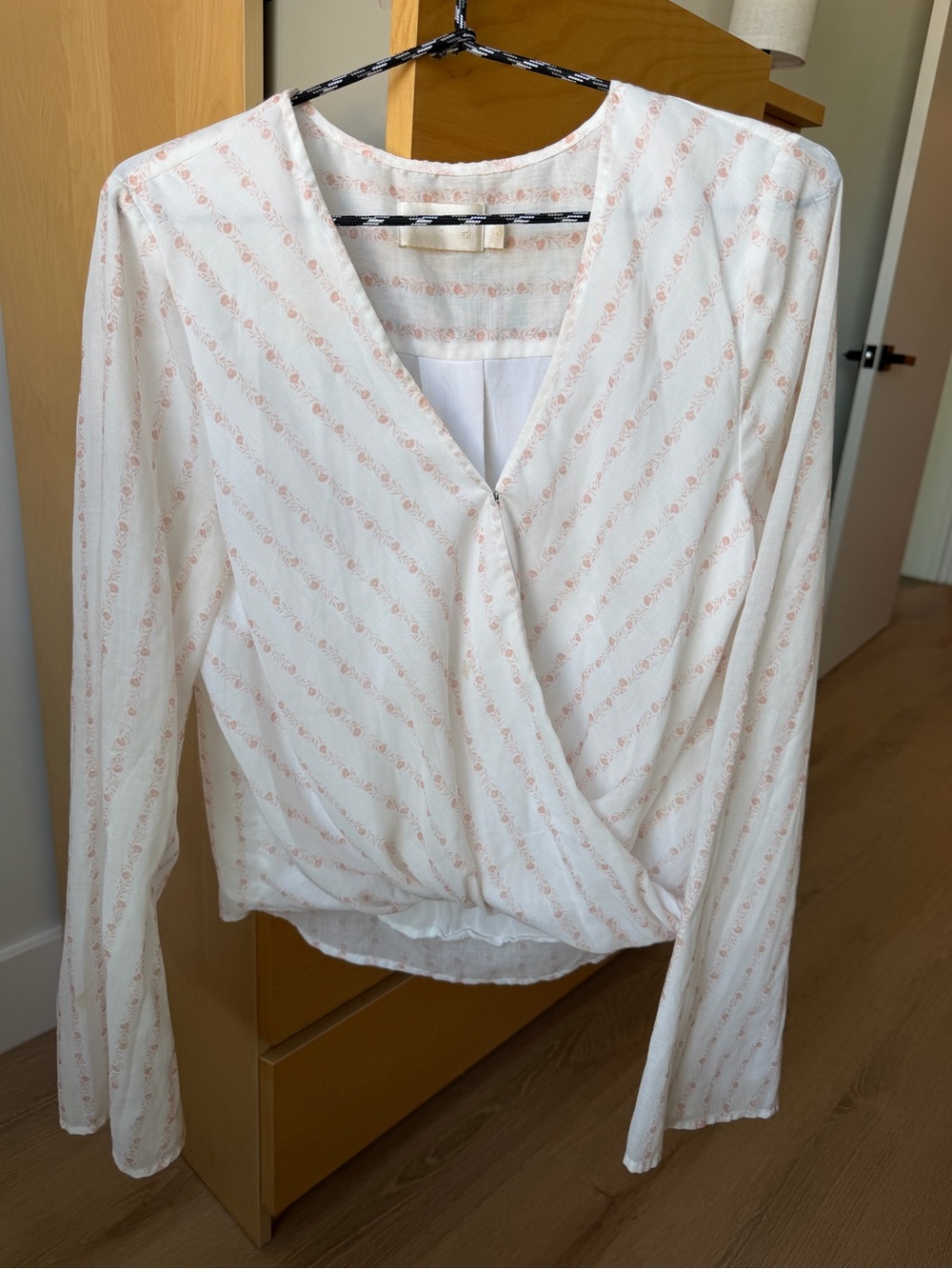 White Wrap Front Blouse with Pale Pink Stripe Detail